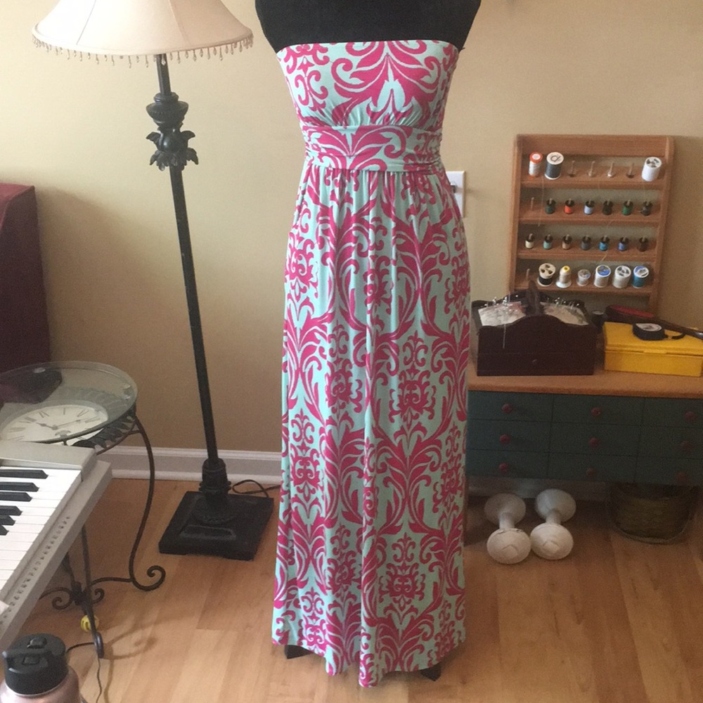 Mint green and pink print maxi dress